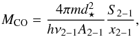 Mathematical equation: \begin{equation} M_{\mathrm{CO}} = \frac{4 \pi m d_{\star}^2}{h \nu_{2-1} A_{2-1}}\frac{S_{2-1}}{x_{2-1}}, \end{equation}