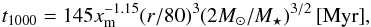 Mathematical equation: \begin{equation} t_{\mathrm{1000}} = 145x_{\mathrm{m}}^{-1.15} (r/80)^3 (2M_{\odot}/M_{\star})^{3/2}\,\mathrm{[Myr]}, \end{equation}