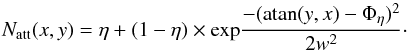 Mathematical equation: \appendix \setcounter{section}{1} \begin{equation} N_{\mathrm{att}}(x, y) = \eta + (1 - \eta) \times \mathrm{exp}\frac{-(\mathrm{atan}(y,x) - \Phi_{\eta})^2}{2w^2}\cdot \end{equation}
