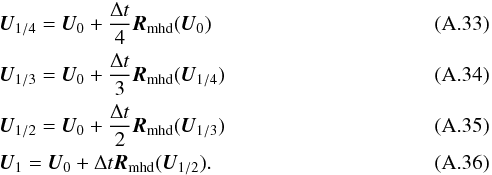 Mathematical equation: \appendix \setcounter{section}{1} \begin{eqnarray} && {\vec U}_{1/4} = {\vec U}_0 +\frac{\Delta t}{4} {\vec R_{\rm mhd}}({\vec U}_0)\\ & & {\vec U}_{1/3} = {\vec U}_0 +\frac{\Delta t}{3} {\vec R_{\rm mhd}}({\vec U}_{1/4})\\ && {\vec U}_{1/2} = {\vec U}_0 +\frac{\Delta t}{2} {\vec R_{\rm mhd}}({\vec U}_{1/3})\\ & & {\vec U}_{1} = {\vec U}_0 +\Delta t {\vec R_{\rm mhd}}({\vec U}_{1/2}). \end{eqnarray}