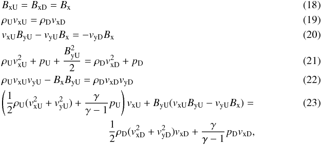 Mathematical equation: \begin{eqnarray} &&B_{\rm xU}=B_{\rm xD}=B_{\rm x}\\ \label{cont}&&\rho_{\rm U}v_{\rm xU}=\rho_{\rm D}v_{\rm xD} \\ \label{ind}&&v_{\rm xU}B_{\rm yU}-v_{\rm yU}B_{\rm x}=-v_{\rm yD}B_{\rm x}\\ \label{x_mom}&&\rho_{\rm U}v_{\rm xU}^2+p_{\rm U}+\frac{B_{\rm yU}^2}{2}=\rho_{\rm D}v_{\rm xD}^2+p_{\rm D}\\ \label{y_mom}&&\rho_{\rm U}v_{\rm xU}v_{\rm yU}-B_{\rm x}B_{\rm yU}=\rho_{\rm D}v_{\rm xD}v_{\rm yD}\\ &&\left(\frac{1}{2}\rho_{\rm U}(v_{\rm xU}^2+v_{\rm yU}^2)+\frac{\gamma}{\gamma-1}p_{\rm U}\right) v_{\rm xU}+B_{\rm yU}(v_{\rm xU}B_{\rm yU}-v_{\rm yU}B_{\rm x})= \qquad\qquad\qquad \\ &&\qquad\qquad\qquad\qquad\qquad \frac{1}{2}\rho_{\rm D}(v_{\rm xD}^2+v_{\rm yD}^2)v_{\rm xD}+\frac{\gamma}{\gamma-1}p_{\rm D}v_{\rm xD}\nonumber, \end{eqnarray}