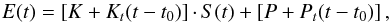 Mathematical equation: \begin{eqnarray*} E(t)=\left[K+K_t(t-t_0)\right]\cdotp S(t) + \left[P+P_t(t-t_0)\right], \end{eqnarray*}