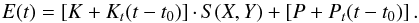 Mathematical equation: \begin{eqnarray*} E(t)=\left[K+K_t(t-t_0)\right]\cdotp S(X,Y) + \left[P+P_t(t-t_0)\right]. \end{eqnarray*}