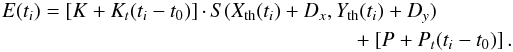 Mathematical equation: \begin{eqnarray} \label{condequat} E(t_i)=\left[K+K_t(t_i-t_0)\right]\cdotp S(X_{\rm th}(t_i)+D_x,Y_{\rm th}(t_i)+D_y) +\left[P+P_t(t_i-t_0)\right]. \end{eqnarray}