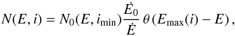 Mathematical equation: \begin{equation} N(E,i) = N_0(E,i_\mathrm{min})\frac{\dot{E_0}}{\dot{E}} \, \theta \left( E_\mathrm{max}(i)-E \right), \label{eqnei} \end{equation}