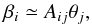 Mathematical equation: \begin{equation} \beta_i \simeq A_{i j} \theta_j, \end{equation}