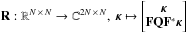 Mathematical equation: \hbox{$\mathbf{R}: \mathbb{R}^{N \,\times\, N} \rightarrow \mathbb{C}^{2 N\, \times\, N}, \ \bm{\kappa} \mapsto \left[\begin{matrix} \bm{\kappa} \\ \mathbf{F} \mathbf{Q} \mathbf{F}^* \bm{\kappa} \end{matrix} \right]$}