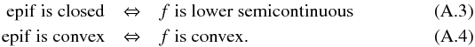 Mathematical equation: \appendix \setcounter{section}{1} \begin{eqnarray} \epi f \mbox{ is closed} &\Leftrightarrow& f\mbox{ is lower semicontinuous} \\ \epi f \mbox{ is convex} &\Leftrightarrow& f\mbox{ is convex.} \end{eqnarray}