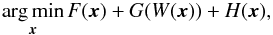 Mathematical equation: \appendix \setcounter{section}{1} \begin{equation} \argmin_{\bm{x}} F(\bm{x}) + G(W(\bm{x})) + H(\bm{x}) , \label{eq:general_minimisation} \end{equation}