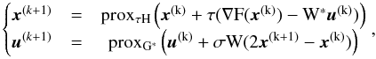 Mathematical equation: \appendix \setcounter{section}{1} \begin{equation} \left\lbrace\begin{matrix} \bm{x}^{(k+1)} &=& \prox_{\tau H} \left( \bm{x}^{(k)} + \tau (\nabla F( \bm{x}^{(k)}) - W^* \bm{u}^{(k)} ) \right)\\ \bm{u}^{(k+1)} &=& \prox_{G^*} \left( \bm{u}^{(k)} + \sigma W (2 \bm{x}^{(k+1)} - \bm{x}^{(k)}) \right) \end{matrix}\right. , \label{eq:primal_dual_main_iteration} \end{equation}