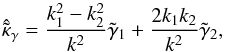 Mathematical equation: \begin{equation} \hat{ \tilde{\kappa}}_\gamma = \frac{k_1^2 - k_2^2}{k^2}\tilde{\gamma}_1 + \frac{2 k_1 k_2}{k^2}\tilde{\gamma}_2, \label{eq:shear_minimum_variance} \end{equation}