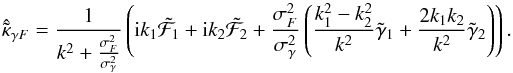 Mathematical equation: \begin{equation} \hat{\tilde{\kappa}}_{\gamma F} = \frac{1}{k^2 + \frac{\sigma_F^2}{\sigma_\gamma^2}} \left( {\rm i} k_1 \tilde{\mathcal{F}}_1 + {\rm i} k_2 \tilde{\mathcal{F}}_2 + \frac{\sigma_F^2}{\sigma_\gamma^2}\left( \frac{k_1^2 - k_2^2}{k^2} \tilde{\gamma}_1 + \frac{2k_1 k_2}{k^2} \tilde{\gamma}_2\right)\right) . \label{eq:flexion_minimum_variance} \end{equation}