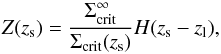 Mathematical equation: \begin{equation} Z(z_{\rm s}) = \frac{\Sigma_{\rm crit}^{\infty}}{\Sigma_{\rm crit}(z_{\rm s})} H(z_{\rm s} - z_{\rm l}) , \end{equation}
