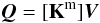 Mathematical equation: \begin{equation} \vec{Q} = [{\bf K}^\mathrm{m}]\vec{V} \label{Eq21} \end{equation}