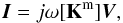 Mathematical equation: \begin{equation} \vec{I} = {j} \omega [{\bf K}^\mathrm{m}]\vec{V} \label{Eq22} , \end{equation}