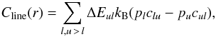 Mathematical equation: \begin{equation} \label{e:linecool} C_{\rm line}(r)=\sum_{l,u\,>\,l}\Delta E_{ul}k_{\rm B}(p_l c_{lu}-p_u c_{ul}), \end{equation}