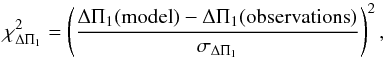 Mathematical equation: \begin{equation} \chicore = \left( \frac{\dpone (\mathrm{model}) - \dpone(\mathrm{observations}) } {\sigma_{\dpone}} \right)^2 , \label{eq_chi2pi} \end{equation}