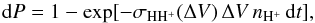 Mathematical equation: \begin{equation} {\rm d}P = 1-\exp[- \sigma_{\mathrm{HH^{+}}}(\Delta V) \, \Delta V \, n_{\mathrm{H^{+}}} \, {\rm d}t] \label{eq:ENA} , \end{equation}