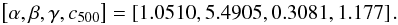 Mathematical equation: \begin{eqnarray} \label{eq:sz_param} \left[\alpha, \beta, \gamma, c_{500}\right] = \left[1.0510, 5.4905, 0.3081, 1.177\right]. \end{eqnarray}