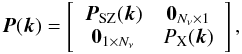 Mathematical equation: \begin{eqnarray} \label{eq:P_joint} {\vec P}({\vec k}) = \left[\begin{array}{c c} {\vec P}_{\rm SZ}({\vec k}) & {\vec 0}_{N_\nu \times 1} \\ {\vec 0}_{1 \times N_\nu} & P_{\rm X}({\vec k})\\ \end{array}\right], \end{eqnarray}