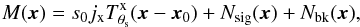 Mathematical equation: \begin{eqnarray} \label{eq:Xray_map_2} {M}({\vec x}) = s_{0} j_{\rm x} T^{\rm{x}}_{\theta_{\rm s}}({\vec x}-{\vec x}_0) + N_{\rm sig}({\vec x}) + N_{\rm bk}({\vec x}), \end{eqnarray}