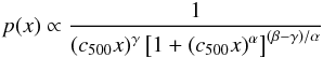 Mathematical equation: \begin{eqnarray} \label{eq:pressure_prof} p(x) \propto \frac{1}{\left( c_{500}x\right) ^{\gamma} \left[1+\left( c_{500}x\right) ^{\alpha}\right]^{(\beta-\gamma)/\alpha} } \end{eqnarray}
