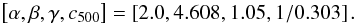 Mathematical equation: \begin{eqnarray} \label{eq:xray_param} \left[\alpha, \beta, \gamma, c_{500}\right] = \left[2.0, 4.608, 1.05, 1/0.303\right]. \end{eqnarray}