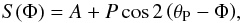Mathematical equation: \begin{equation} \label{fit_cos} S(\Phi)= A+ P\cos 2\left( \theta_{\rm P} -\Phi\right)\!, \end{equation}