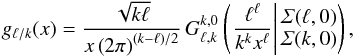Mathematical equation: \begin{equation} \label{eq:levy} g_{\ell/k}(x)=\frac{\sqrt{k\ell}}{x\left(2\pi\right)^{(k-\ell)/2}}\,G_{\ell,k}^{k,0}\left(\left.\frac{\ell^\ell}{k^kx^\ell}\right\rvert \begin{matrix} \Si(\ell,0)\\ \Si(k,0) \end{matrix} \right), \end{equation}
