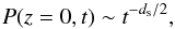 Mathematical equation: \begin{equation} \label{eq:dims} P(z=0,t)\sim t^{-d_{\text s}/2}, \end{equation}