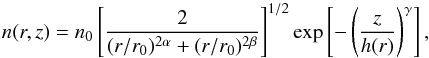 Mathematical equation: \begin{equation} \label{eq:Fe_distr} n(r,z) = n_0\left[\frac{2}{(r/r_0)^{2\alpha}+(r/r_0)^{2\beta}}\right]^{1/2} \exp\left[-\left(\frac{z}{h(r)}\right)^{\gamma}\right], \end{equation}
