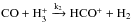 Mathematical equation: \hbox{$\rm CO + H_3^+ \xrightarrow{k_2} HCO^+ + H_2 $}