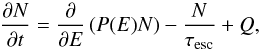 Mathematical equation: \begin{equation} \frac{\partial N}{\partial t} = \frac{\partial}{\partial E}\left(P(E) N\right) - \frac{N}{\tau_{\rm esc}} + Q , \label{leaky} \end{equation}