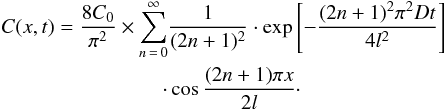 \begin{eqnarray} \begin{split} C(x,t) = \frac{8 C_{0}}{\pi^{2}} \times \sum_{n\, =\, 0}^{\infty} & \frac{1}{(2n + 1)^{2}} \cdot \exp \left[-\frac{(2n+1)^{2} \pi^{2} D t}{4 l^{2}}\right]\\ \cdot & \cos\frac{(2n+1) \pi x}{2l}\cdot \label{cbajada1D} \end{split} \end{eqnarray}