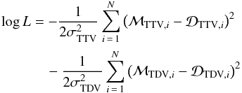 Mathematical equation: \begin{eqnarray} \log L & = &-\frac{1}{2\sigma^2_{\text{TTV}}}\sum_{i\,=\,1}^{N}\left(\mathcal{M}_{\text{TTV},i} - \mathcal{D}_{\text{TTV},i}\right)^2 \nonumber\\ &&\quad - \frac{1}{2\sigma^2_{\text{TDV}}}\sum_{i\,=\,1}^{N}\left(\mathcal{M}_{\text{TDV},i} - \mathcal{D}_{\text{TDV},i}\right)^2 \end{eqnarray}
