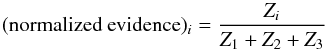 Mathematical equation: \begin{equation} \label{eq:fitting} (\text{normalized evidence})_i = \frac{Z_i}{Z_1 + Z_2 + Z_3} \end{equation}