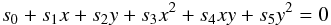 Mathematical equation: \appendix \setcounter{section}{1} \begin{eqnarray*} s_0 +s_1x+s_2y+s_3x^2 +s_4xy+s_5y^2 =0 \end{eqnarray*}