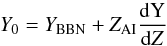 Mathematical equation: \begin{equation} Y_{0} = Y_{\rm BBN} + Z_{\rm AI}\frac{{\rm d Y}}{{\rm d} Z} \label{eq:HelAbunEq} \end{equation}