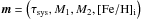 Mathematical equation: \hbox{$\vec{m} = \left(\tau_{\rm sys}, M_{1}, M_{2}, \mathrm{[Fe/H]}_{\mathrm{i}}\right)$}