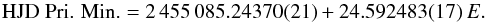 Mathematical equation: \begin{equation} \mbox{\rm HJD Pri. Min.} = 2\,455\,085.24370(21) + 24.592483(17)\,E. \label{eq:ephemeris} \end{equation}