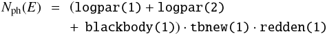 Mathematical equation: \begin{eqnarray} \label{eq-model} N_\mathrm{ph}(E)&\!\!\!=\!\!\!& \left( \mbox{\tt logpar(1)}+\mbox{\tt logpar(2)}\right.\nonumber \\ &&+\, \left.\mbox{\tt blackbody(1)}\right) \cdot \mbox{\tt tbnew(1)} \cdot \mbox{\tt redden(1)} \end{eqnarray}