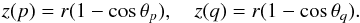 Mathematical equation: \begin{eqnarray} z(p) = r(1 - \cos\theta_p), \quad z(q) = r(1 - \cos\theta_q). \label{eq:4.2} \end{eqnarray}