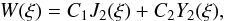 Mathematical equation: \begin{eqnarray} W(\xi) = C_1 J_2(\xi) + C_2 Y_2(\xi), \label{eq:23} \end{eqnarray}