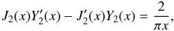 Mathematical equation: \begin{eqnarray} J_2(x) Y'_2(x) - J'_2(x) Y_2(x) = \frac2{\pi x}, \label{eq:26} \end{eqnarray}