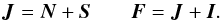 Mathematical equation: \begin{equation} \vec{J} = \vec{N} + \vec{S} \;\;\;\;\;\;\; \vec{F} = \vec{J} + \vec{I} . \end{equation}