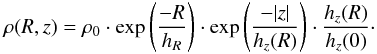 Mathematical equation: \begin{equation} \label{eq:Corredoira} \rho(R,z)=\rho_{\mathrm{0}}\cdot\exp{\Bigg(\frac{-R}{h_{R}}\Bigg)}\cdot \exp{\Bigg(\frac{-|z|}{h_{z}(R)}\Bigg)}\cdot \frac{h_{z}(R)}{h_{z}(0)} \cdot \end{equation}