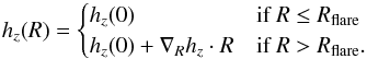 Mathematical equation: \begin{equation} \label{eq:Flares_linear} h_{z}(R) = \begin{cases} h_{z}(0) & \text{if } R \leq R_{\mathrm{flare}} \\ h_{z}(0) + \dhzdR \cdot R & \text{if } R > R_{\mathrm{flare}}. \end{cases} \end{equation}