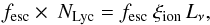 Mathematical equation: \begin{equation} \fesc \times\ \nlyc = \fesc\ \xi_{\rm ion} \, L_\nu, \label{eq_nlyc} \end{equation}