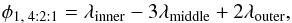 Mathematical equation: \begin{equation} \label{eq:phi1_421} \phi _{1, \; 4:2:1} = \lambda _{\rm inner} - 3\lambda _{\rm middle} + 2\lambda _{\rm outer} , \end{equation}