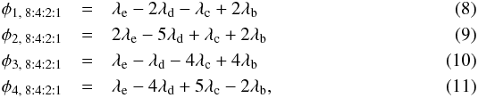 Mathematical equation: \begin{eqnarray} \phi _{1, \; 8:4:2:1} &=& \lambda _{\rm e} - 2\lambda _{\rm d} - \lambda _{\rm c} + 2\lambda _{\rm b} \\ \label{eq:phi1_8421} \phi _{2, \; 8:4:2:1} &=& 2\lambda _{\rm e} - 5\lambda _{\rm d} + \lambda _{\rm c} + 2\lambda _{\rm b} \\ \phi _{3, \; 8:4:2:1} &=& \lambda _{\rm e} - \lambda _{\rm d} - 4\lambda _{\rm c} + 4\lambda _{\rm b} \\ \phi _{4, \; 8:4:2:1} &=& \lambda _{\rm e} - 4\lambda _{\rm d} + 5\lambda _{\rm c} - 2\lambda _{\rm b} , \end{eqnarray}